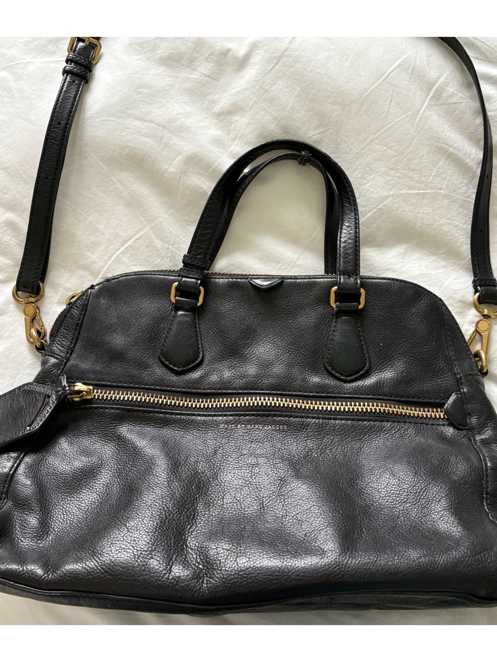 Marc by Marc Jacobs Black Leather Satchel Handbag with Gold Hardware